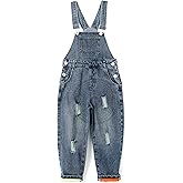 KIDSCOOL SPACE Boys Denim Overalls,Ripped Holes Elastic Waistband Inside Jeans Workwear Pants