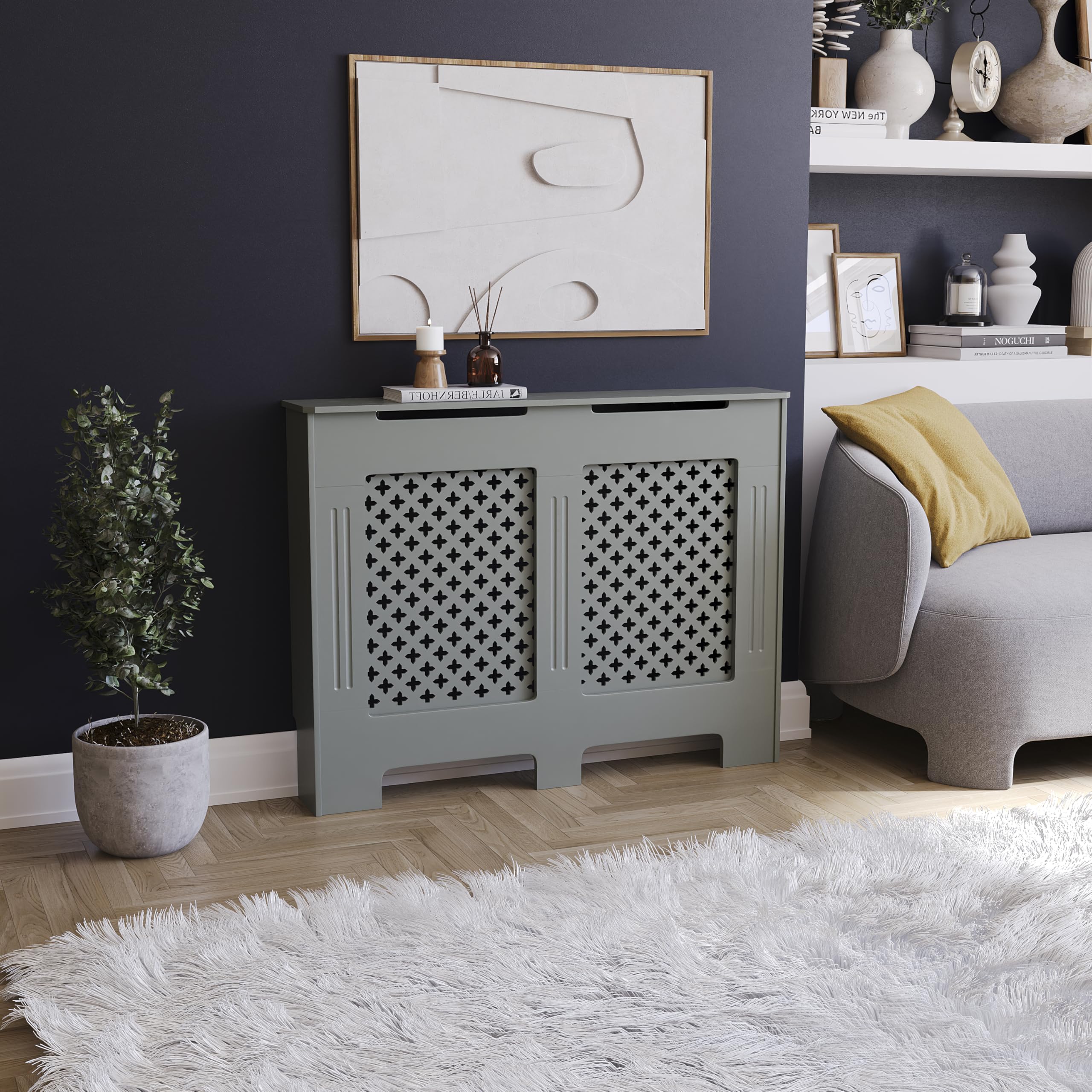 Vida Designs Oxford Radiator Cover Olive Grey - Medium - Traditional Cross Pattern Design For Optimal Heat Circulation - H82xW111xD19cm - Painted MDF Cabinet Ideal For Living Room & Hallway