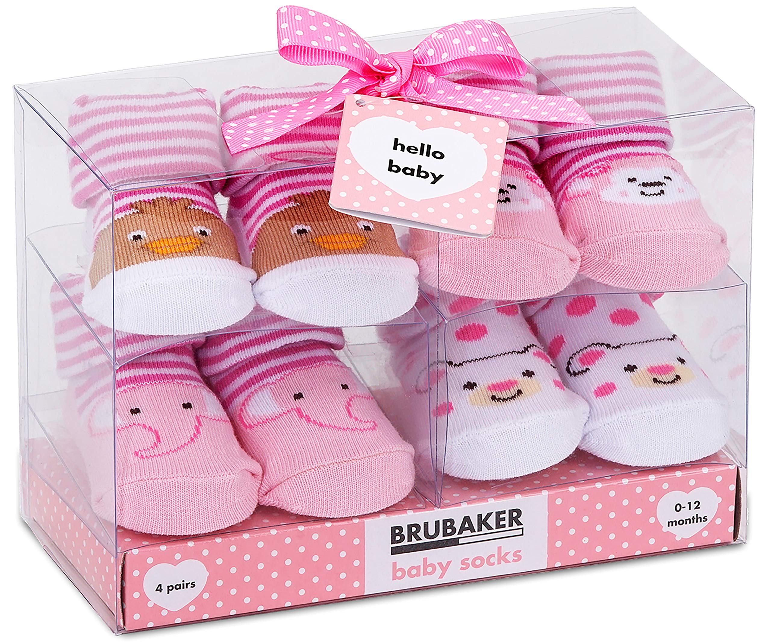 BRUBAKER 4 Pairs of Baby Socks Girls 0-12 Months - Animals Pink Yellow - Newborn Gift Set for Infant - Cotton