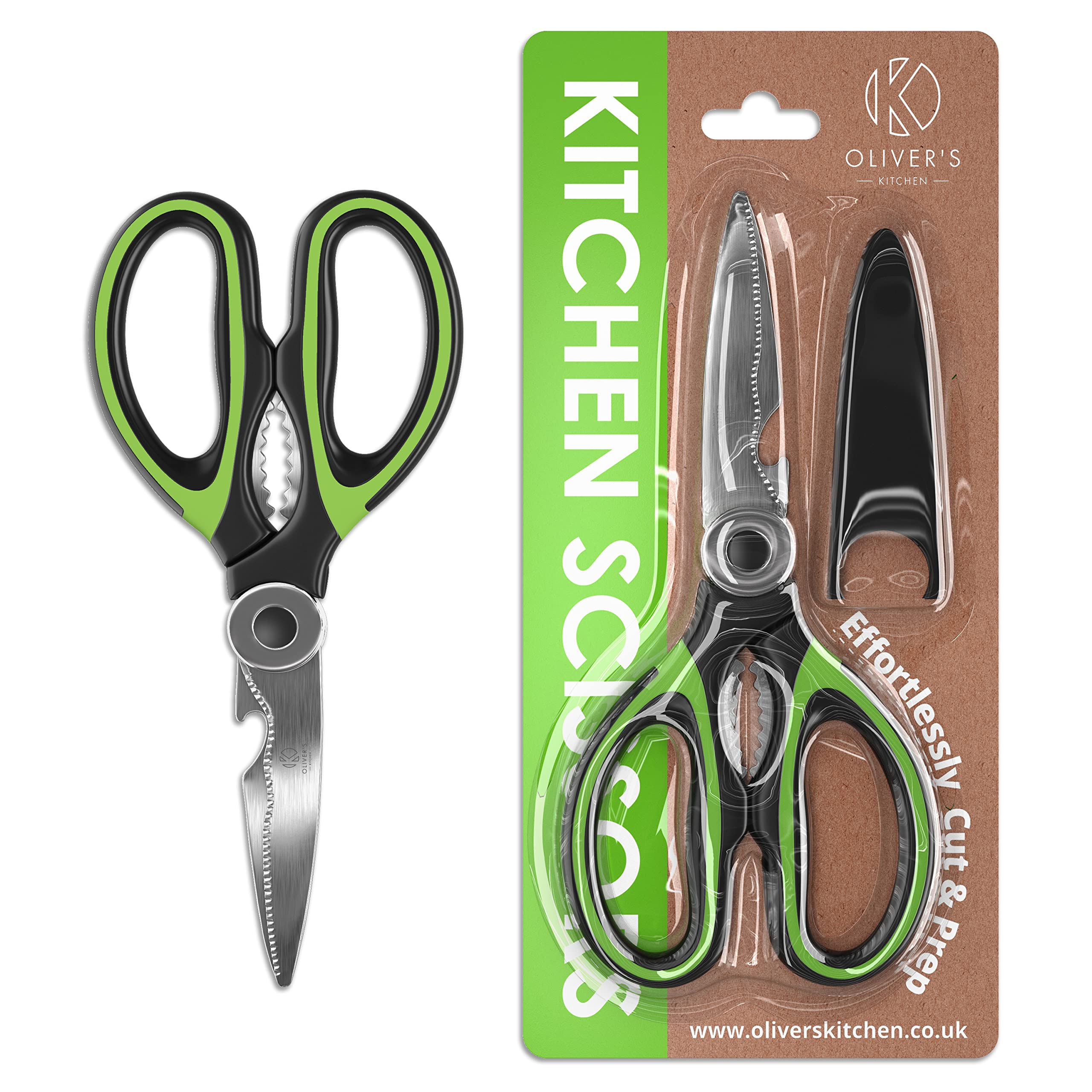 Oliver's Kitchen ® Kitchen Scissors - Super Sharp & Heavy Duty Kitchen Shears - Multifunctional with Built-in Bottle Opener & Safety Cover