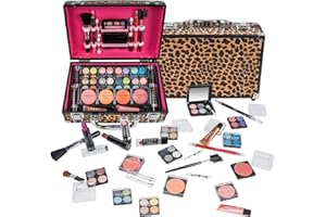 SHANY Carry All Make up Train Case with Pro Makeup Set, Beauty Brushes, Lipsticks, Eye Shadows, Blushes, Powders, and more - Reusable Cosmetics Storage Organizer - Premium Gift Packaging - Leopard