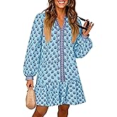 Wenrine Womens Long Sleeve Casual Mini Dress Floral V Neck Ruffle Loose Fall Boho Babydoll Dresses with Pockets