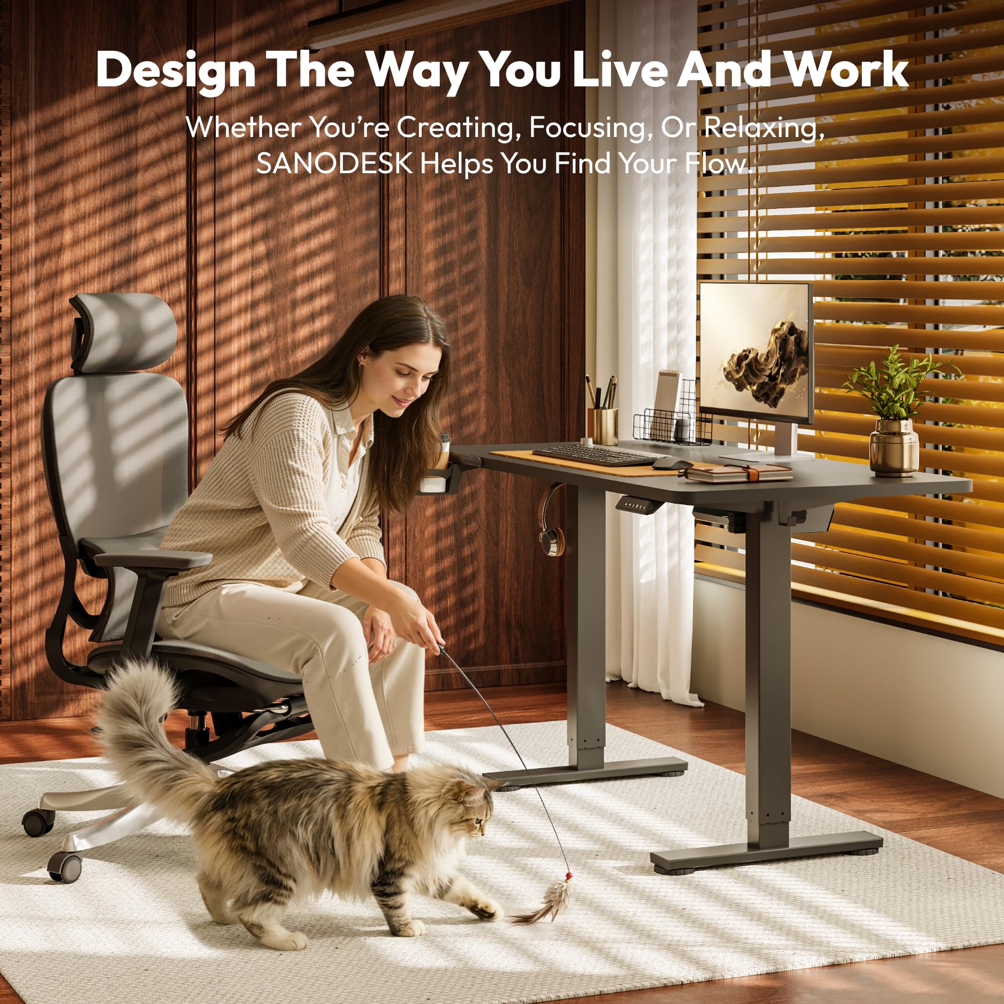 SANODESK Höhenverstellbarer Schreibtisch 110×54 cm – Kompakter Standing Desk mit praktischem Zubehör, ideal für kleine Räume, leise & sicher mit Anti-Kollisions-Schutz(schwarz) 2