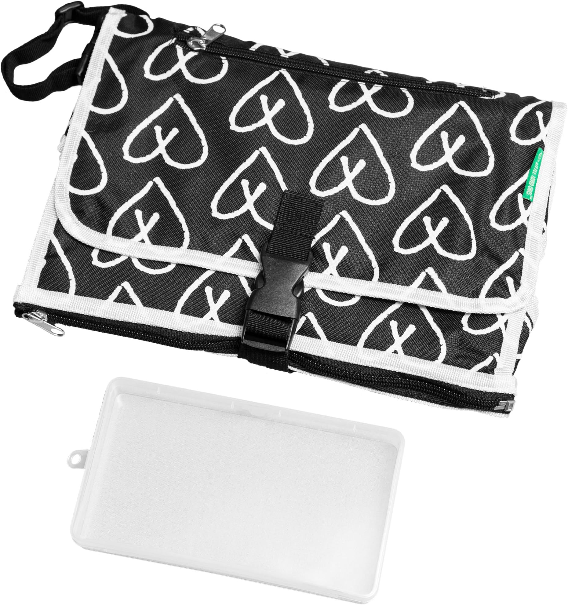 Little Loved Ones Portable Waterproof Foldable Diaper Changing Mat with Wipes Case, Black White Hearts