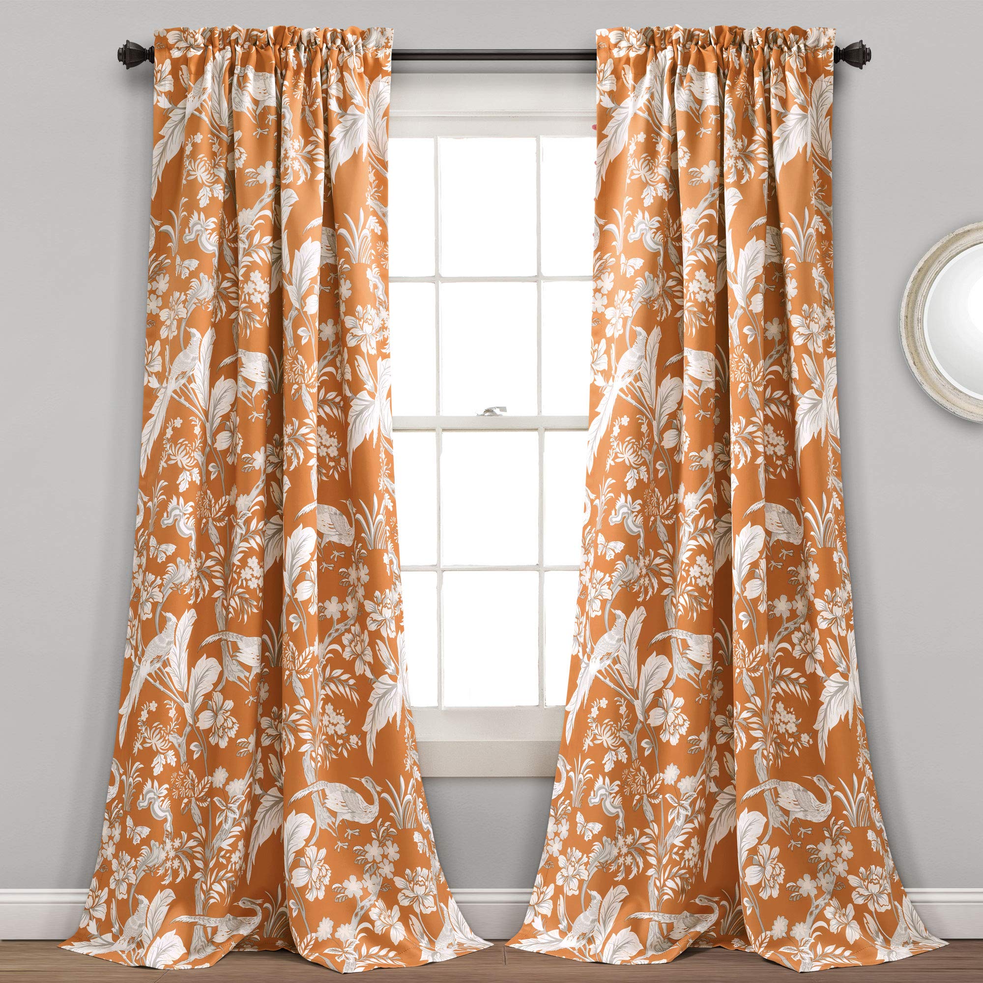 Lush Decor Dolores Light Filtering Window Panels, Pair, 52" W x 84" L, Orange - Toile Curtains - Floral Bird Print - Grandmillennial & French Country Curtains - Cottage & Maximalist Home Decor