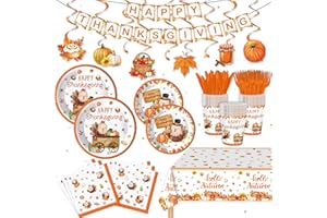 REJOICE BUNNY 123PCS Turkey Party Supplies for Thanksgiving Themed Fall Pumpkin Decoration Tableware Set for Kids Party with Tablecloth and Banner Leaves Harvest Dessert Plates Napkins Cups Hanging Swirl Set