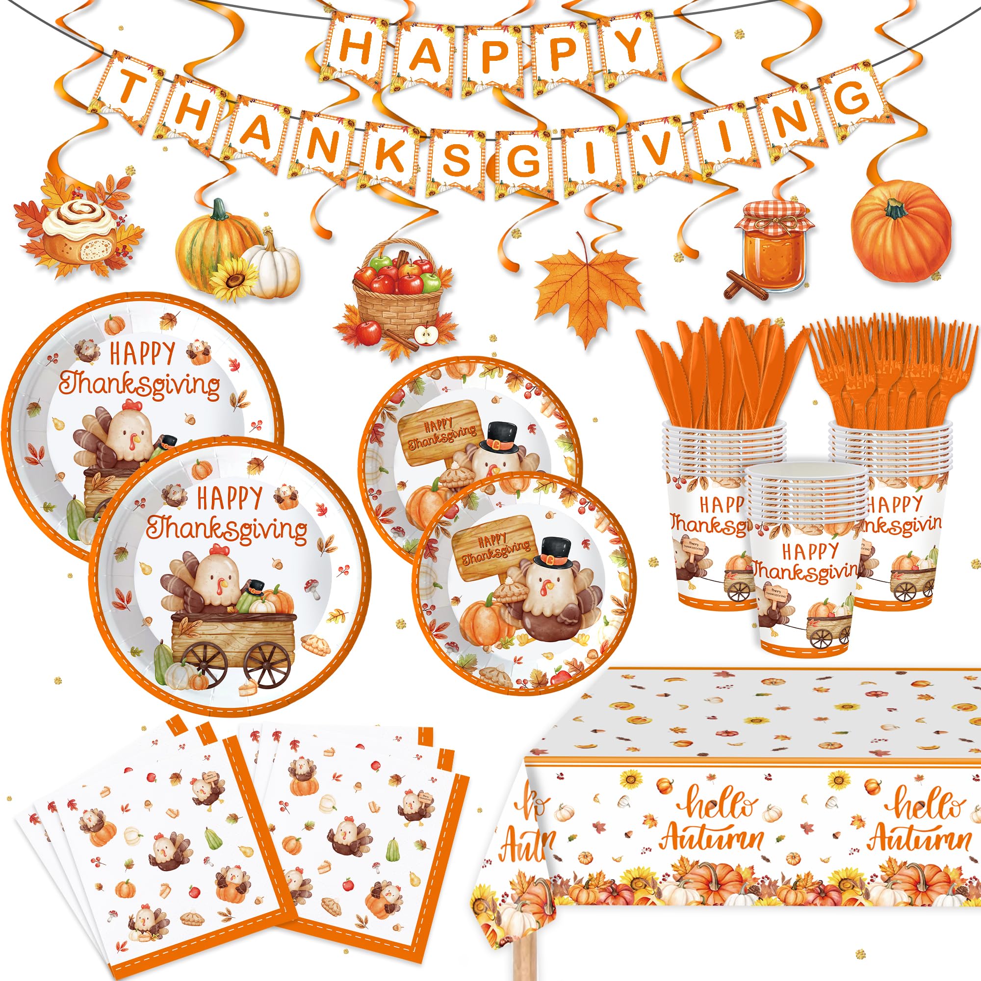 Photo 1 of 123PCS Turkey Party Supplies for Thanksgiving Themed Fall Pumpkin Decoration Tableware Set for Kids Party with Tablecloth and Banner Leaves Harvest Dessert Plates Napkins Cups Hanging Swirl Set