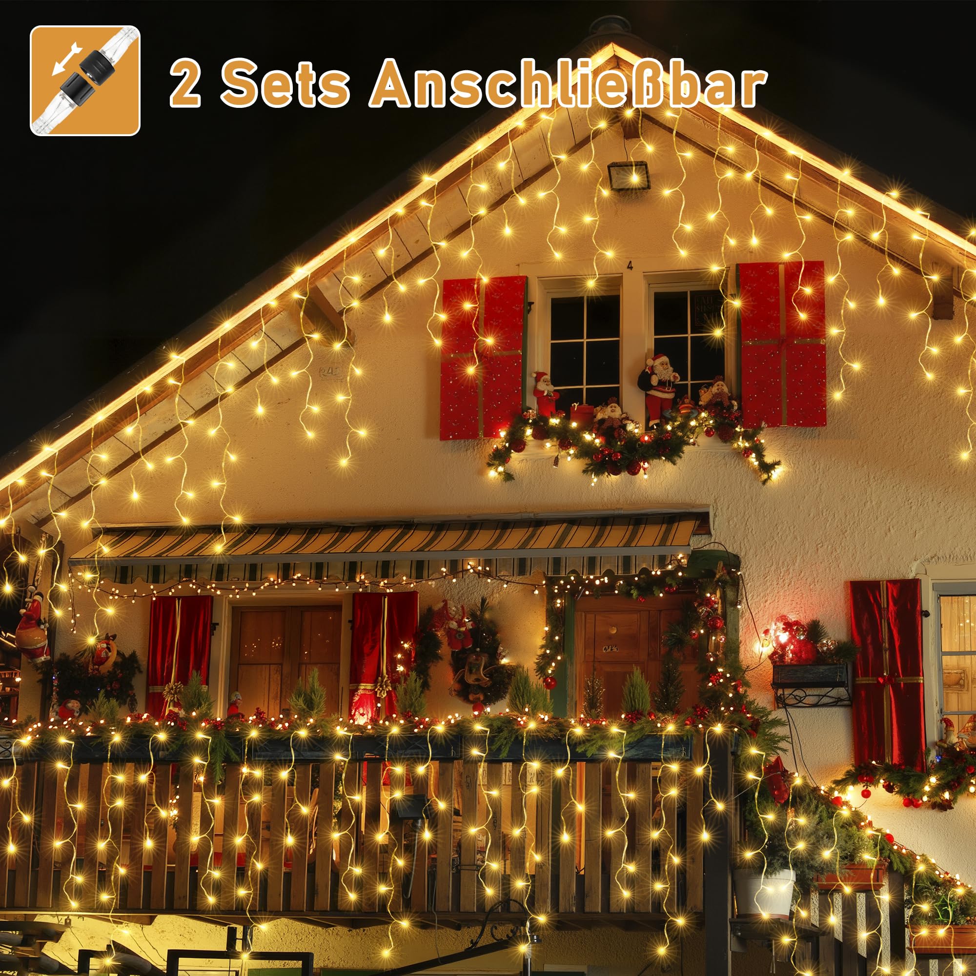 HeiPard Eisregen Lichterkette Außen 12m 486 LED Weihnachtsbeleuchtung Außen mit Stecker, 8 Leuchtmodi, Fernbedienung, Timer, Wasserdicht Lichtervorhang Aussen für Dachrinne, Geländer, Vorbau, Fenster 8