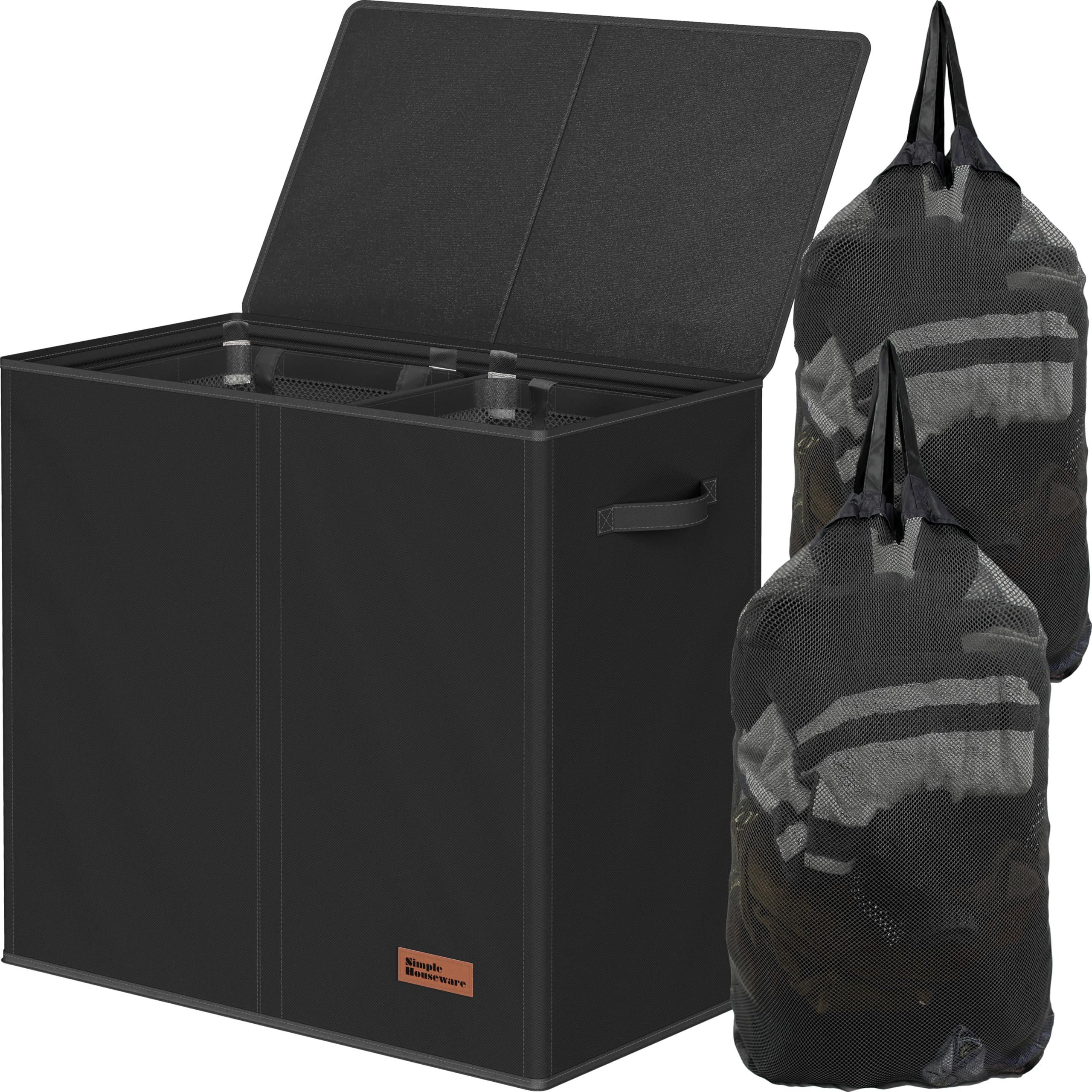 Simple Houseware Double Laundry Hamper with Lid and Removable Laundry Bags, Black