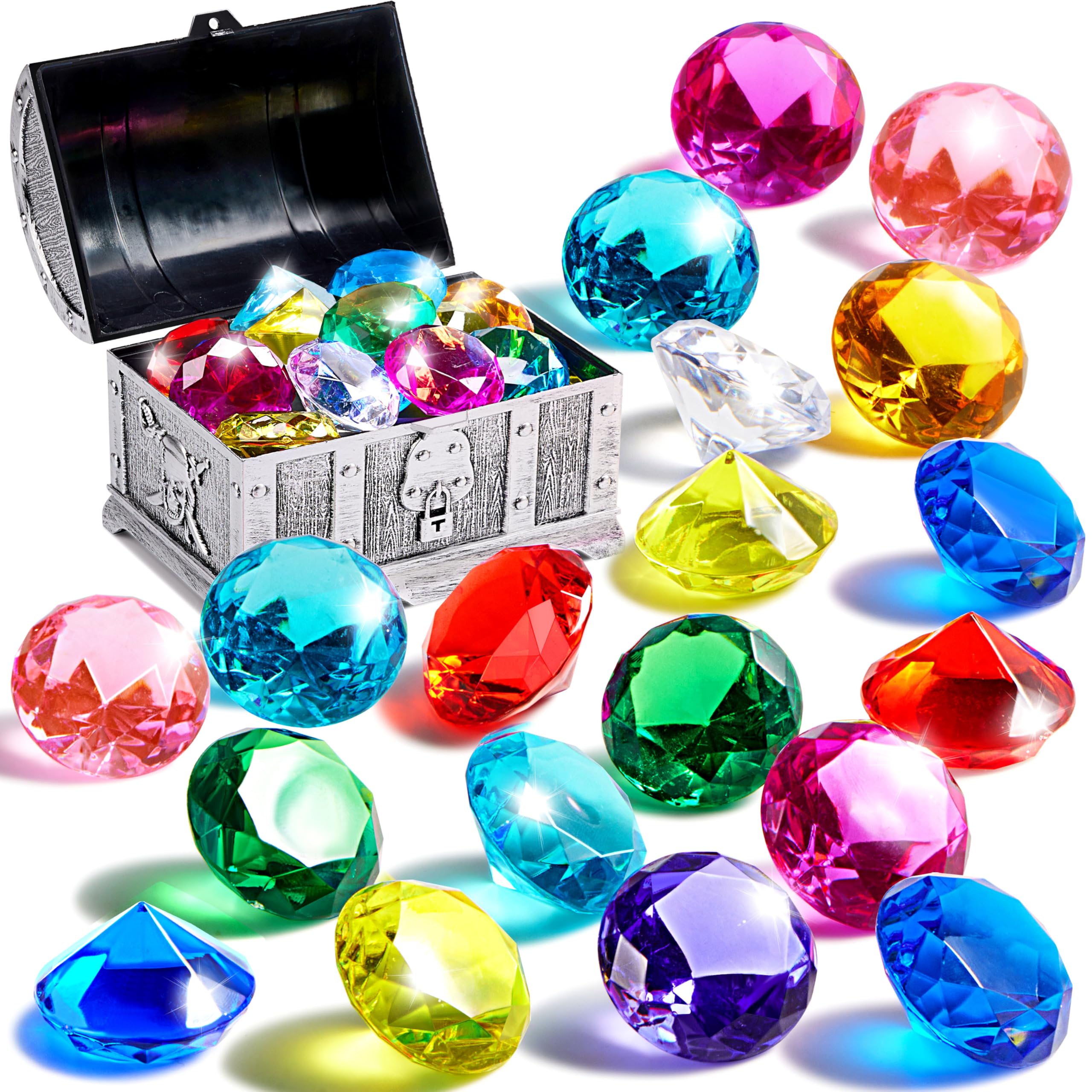 Sloosh Diving Toy Gemstone, 16 Big Colorful Diamond with Pirate Treasure Chest Box, Swimming Pool Toys for Boys and Girls Underwater Gemstone Swimming Training Gift Toys-Grey