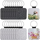 Framendino, 16 Pack Sublimation Leather Blanks Keychain Glitter Square Rectangle Key Chain for DIY Picture Craft Making Black & Silver