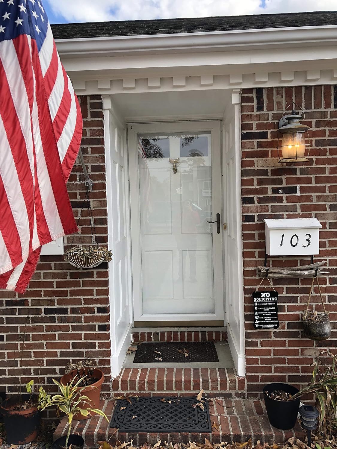 12 X 8 Door Sign to Keep Solicitors Away Decorative Home Decor for Outdoors Rope Included for Hanging at House Office or Business Quick and Easy Installation Funny No Soliciting Sign