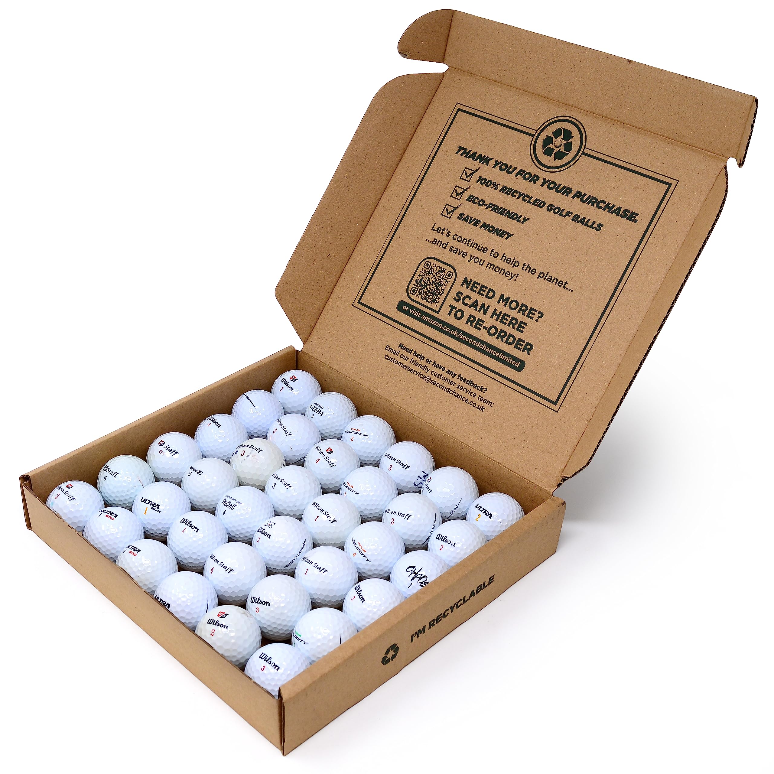 Second Chance Recycled Lake Golf Balls, Used Golf Balls - 36 Ball Box - Grade A for Wilson Golf Balls