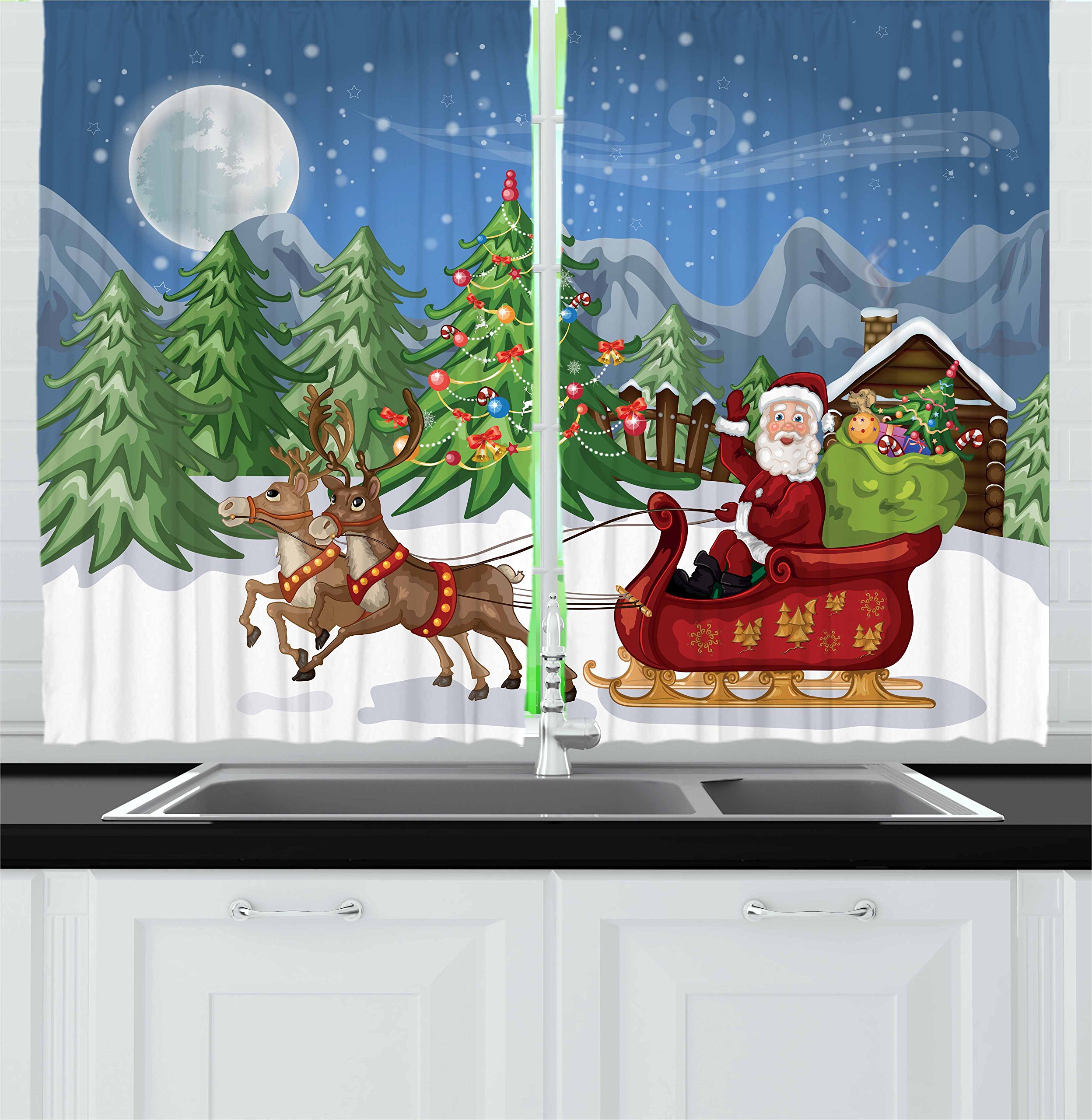 Ambesonne Christmas Kitchen Curtains, Country Landscape at Night with Trees Santa Claus Snowdrift Reindeers Mountains, Window Drapes 2 Panel Set for Kitchen Cafe Decor, 55" X 39", Red Green