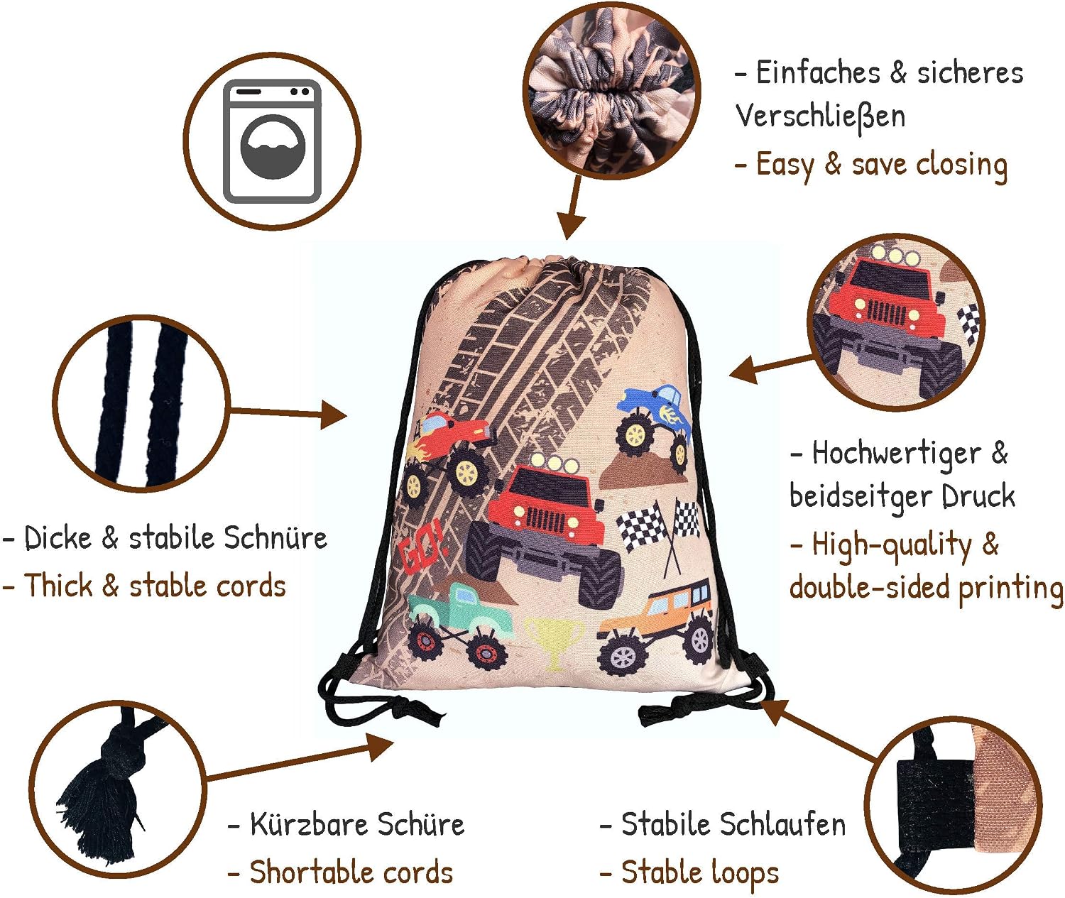 HECKBO Kids Monster Truck Cars Gym Drawstring Bag, 40x32cm, 12.6" x 15.8", String Bag - Image 4