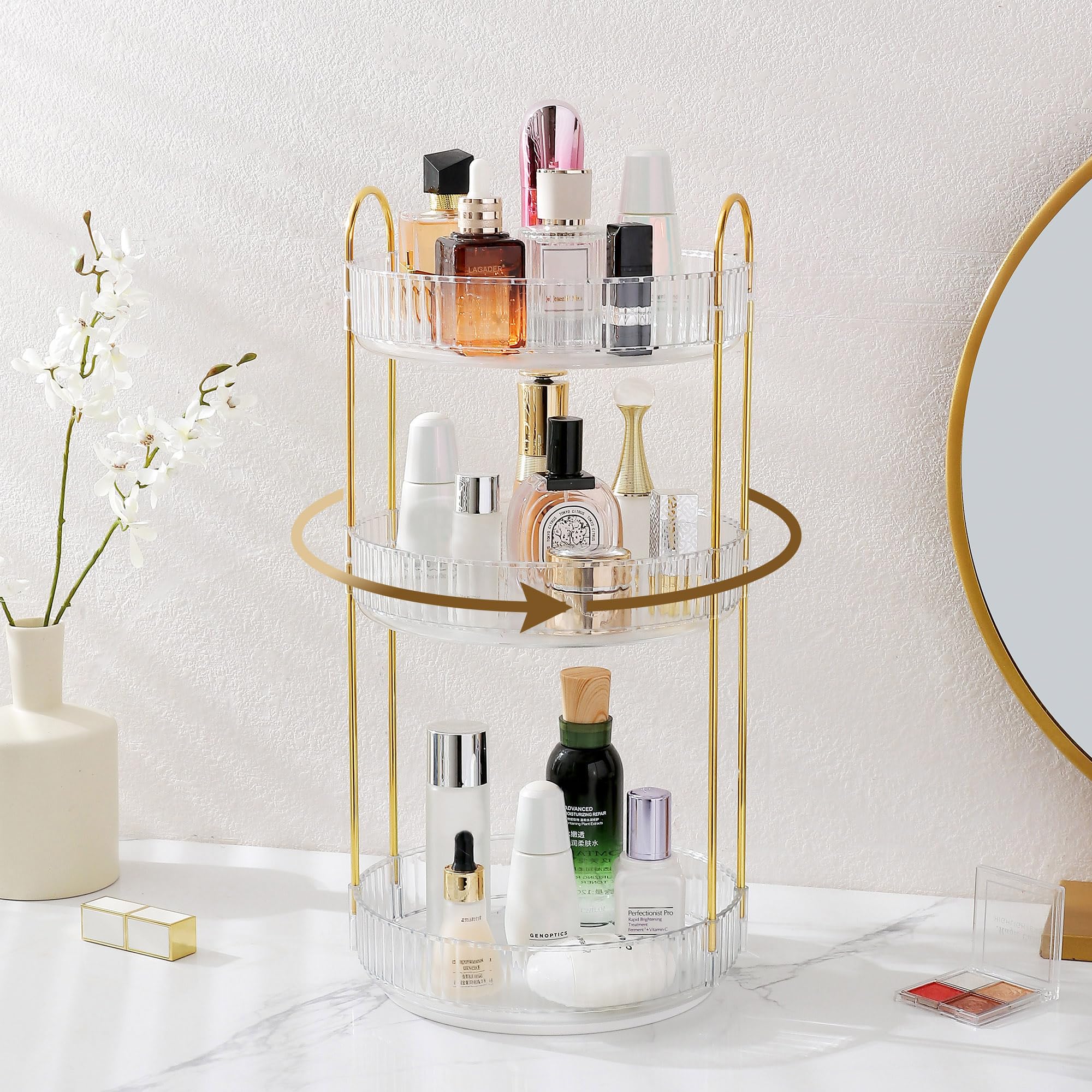 Aveniee Rotating Makeup Organizer for Vanity, 3 Tier Perfume Skincare Organizers and Storage for Bathroom Countertop, Clear Spinning Counter Cosmetic Holder for Dresser,White