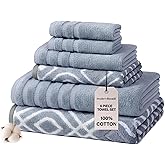 Modern Threads Oxford 6-Piece 100% Cotton Towel Set – Yarn Dyed Jacquard & Solid – Includes 2 Bath Towels, 2 Hand Towels, 2 Washcloths – Absorbent, Quick Dry, Soft & Durable – Blue