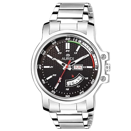 Aurex Analouge Black Dial Day and Date Watch Water Resistant Silver Color Strap Watches for Mens/Boys (AX-GR109-BKC)