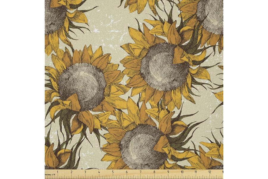 Lunarable Floral Fabric by The Yard, Dark Toned Sunflowers with Sketch Effects Harvest Time Theme Paint Picture, Microfiber Fabric for Arts and Crafts Textiles & Decor, 3 Yards, Marigold Beige