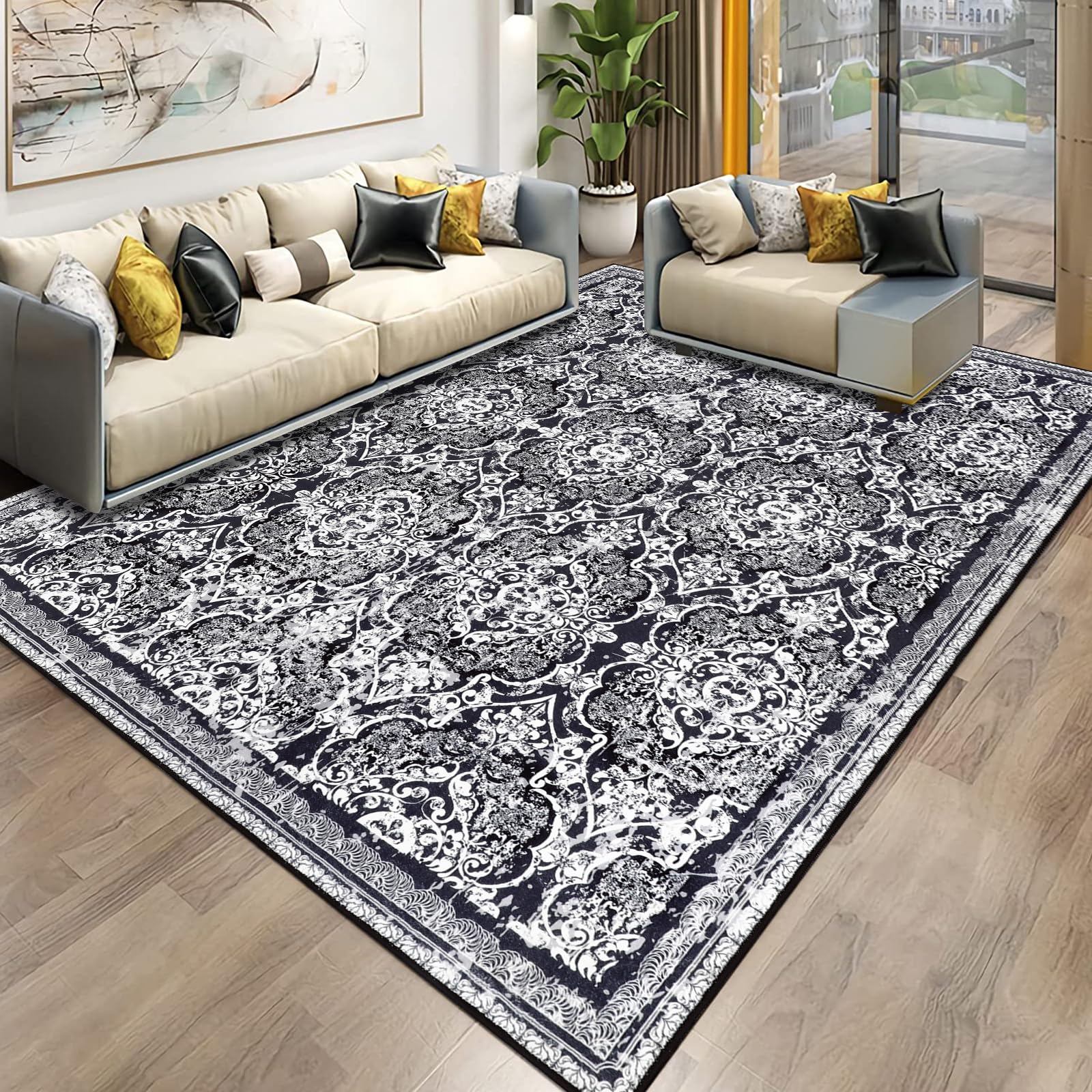 Vaukki Living Room Rug, Vintage Shaggy Soft Laundry Rug, Non Slip Kitchen Area Mat, Washable Farmhouse Bedroom Area Carpet for Bathroom, Kitchen and Kidsroom (6'x9', Black) Image