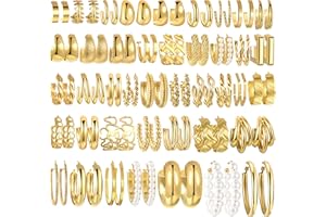 FAXHION 42 Pairs Gold Hoop Earrings Set for Women, Fashion Chunky Pearl Earrings Multipack Twisted Statement Earring Pack, Hypoallergenic Small Big Hoops Earrings for Birthday Party