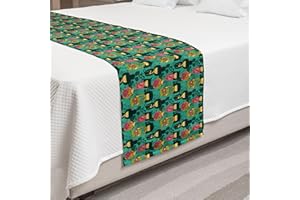 Lunarable Japanese Bed Runner, Traditional Kokeshi Dolls in Folk Clothes with Sakura Flowers Geisha, Decorative Accent Bedding Scarf for Hotels Homes and Guestrooms, Queen, Dark Green