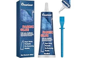 Onarieer 60ml Fabric Glue Permanent Clear Washable for Patches Drying Waterproof Fabric Adhesive Glue for All Fabrics, Clothes, Cotton, Flannel, Denim, Leather, Polyester, Doll Repair