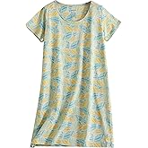 PNAEONG Women's Cotton Nightgown Sleepwear Short Sleeves Shirt Casual Print Sleepdress Yellow Green-XL