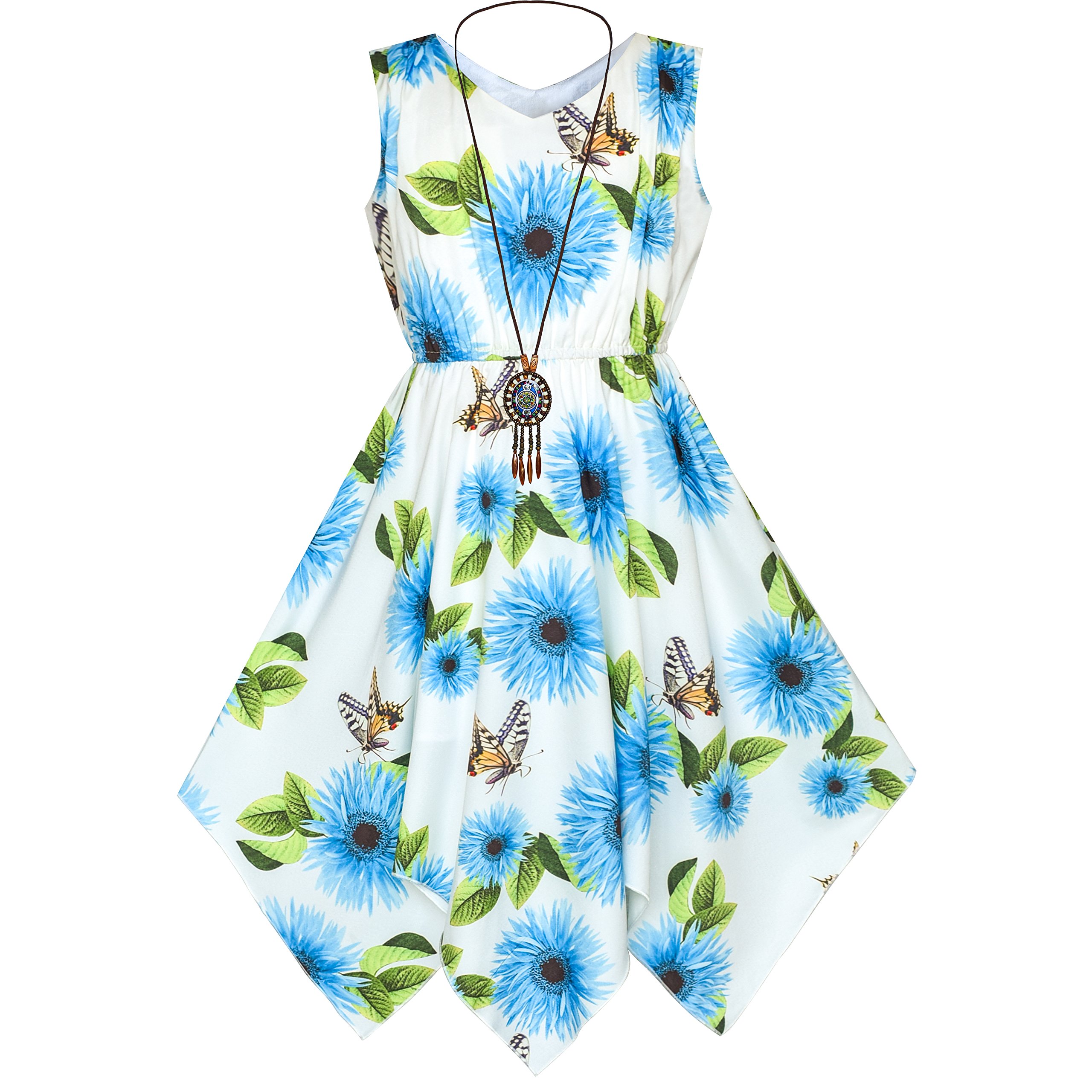 Sunny Fashion Girls Dress Flower Print Hanky Hem with Necklace