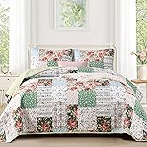 Anibedding Green Patchwork Quilt Set King Size, Bohemian Red Flower Green Plaid Bedspread Coverlet Set with Pillowcases, Soft Microfiber Summer Quilt Floral Bed Cover for All Season (110''x90'')