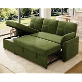 AMERLIFE Sleeper Sofa with Storage, Sofa Bed with Pull Out Couch, Green | Storage Chaise, L Shaped Sofa for Living Room