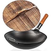 YOSUKATA Carbon Steel Wok Pan 14 in + Premium Wok Cover 14 inch Pan Lid - Wooden Lid 14 in with Ergonomic Handle
