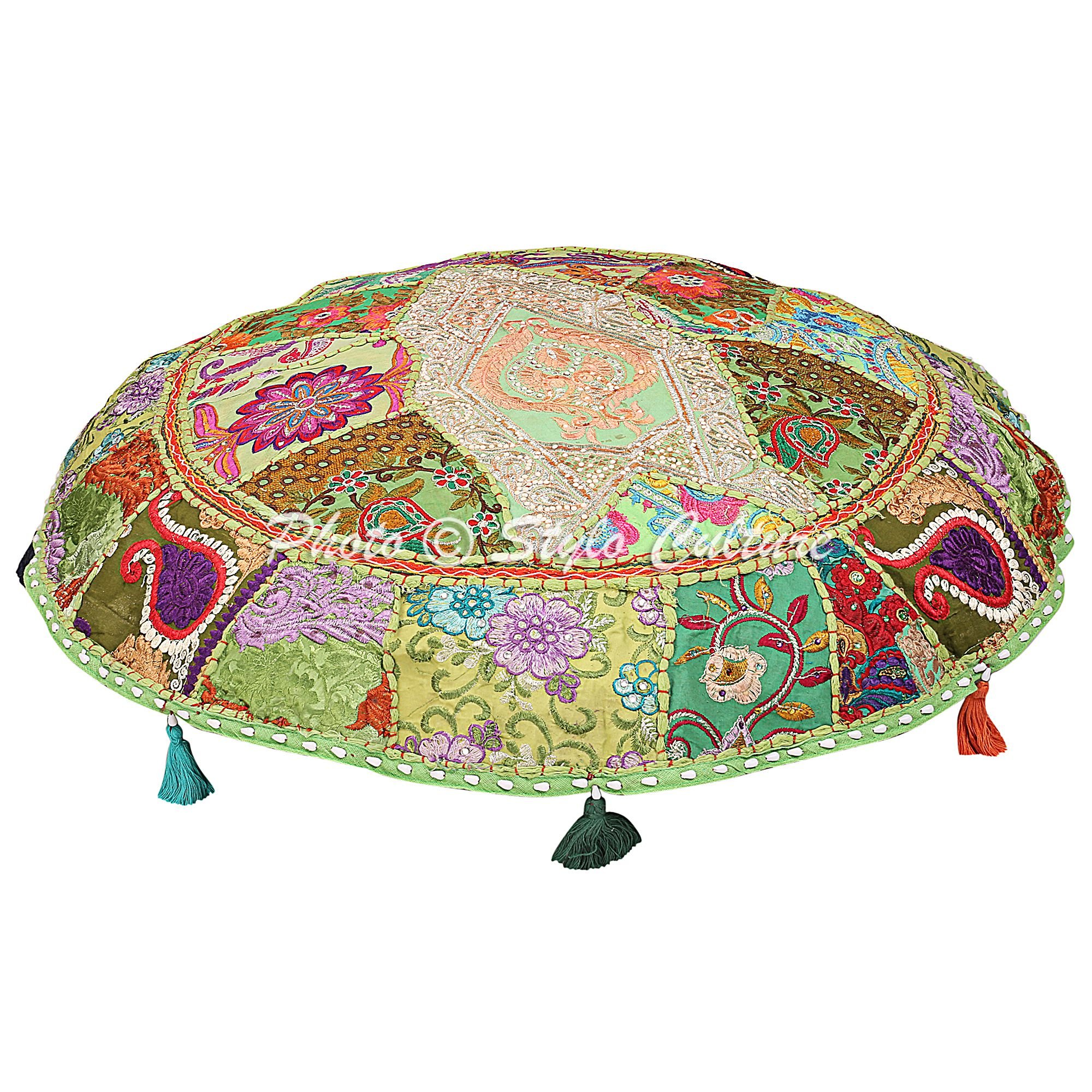 Stylo Culture Decorative Bohemian Floor Pillow Cushion Scatter Cushion Cover Parrot Green 100x100 cm Vintage Patchwork Round Giant XL 40 Inch Hallway Cotton Embroidered Sitting Furniture Cover