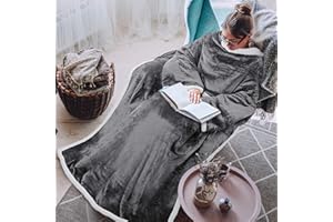 Tirrinia Sherpa Wearable Blanket Ultra Soft Comfy Warm Plush Full Body Throw with Sleeves, Reading Wrap TV Blankets Robe Cover for Adult Grandma Women and Men, Grey