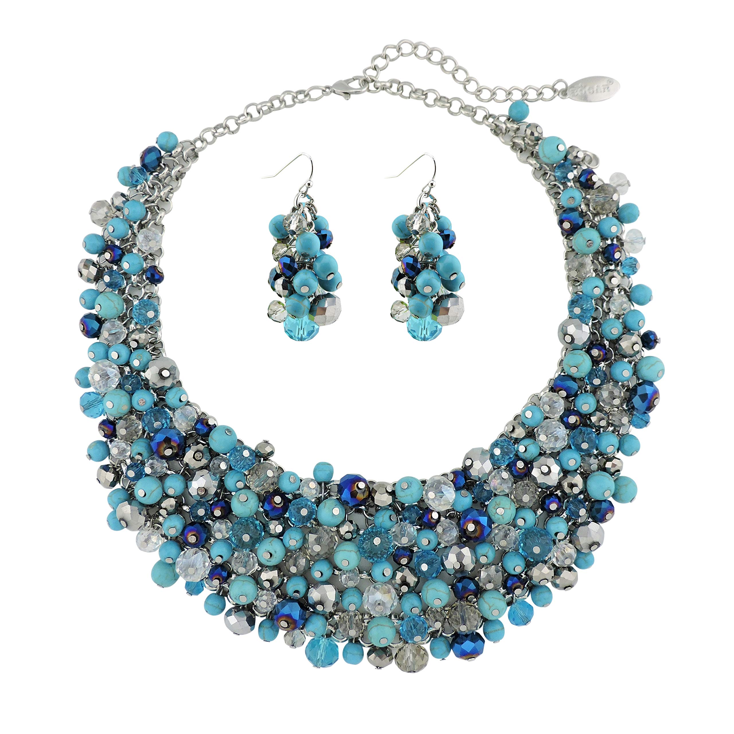 Bocar Fashion Crystal Chunky Collar Statement Necklace Earring Set for Women Gift (NK-10260-Turquoise Blue)