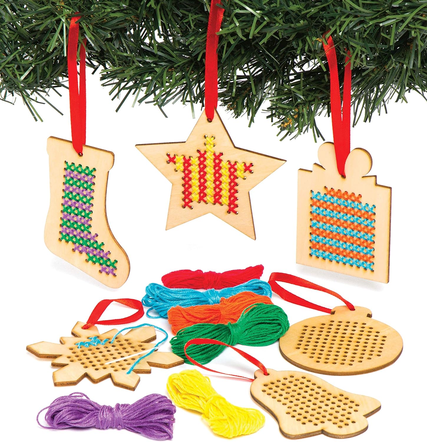 Baker Ross Christmas Wooden Decoration Cross Stitch Kits — Ideal for