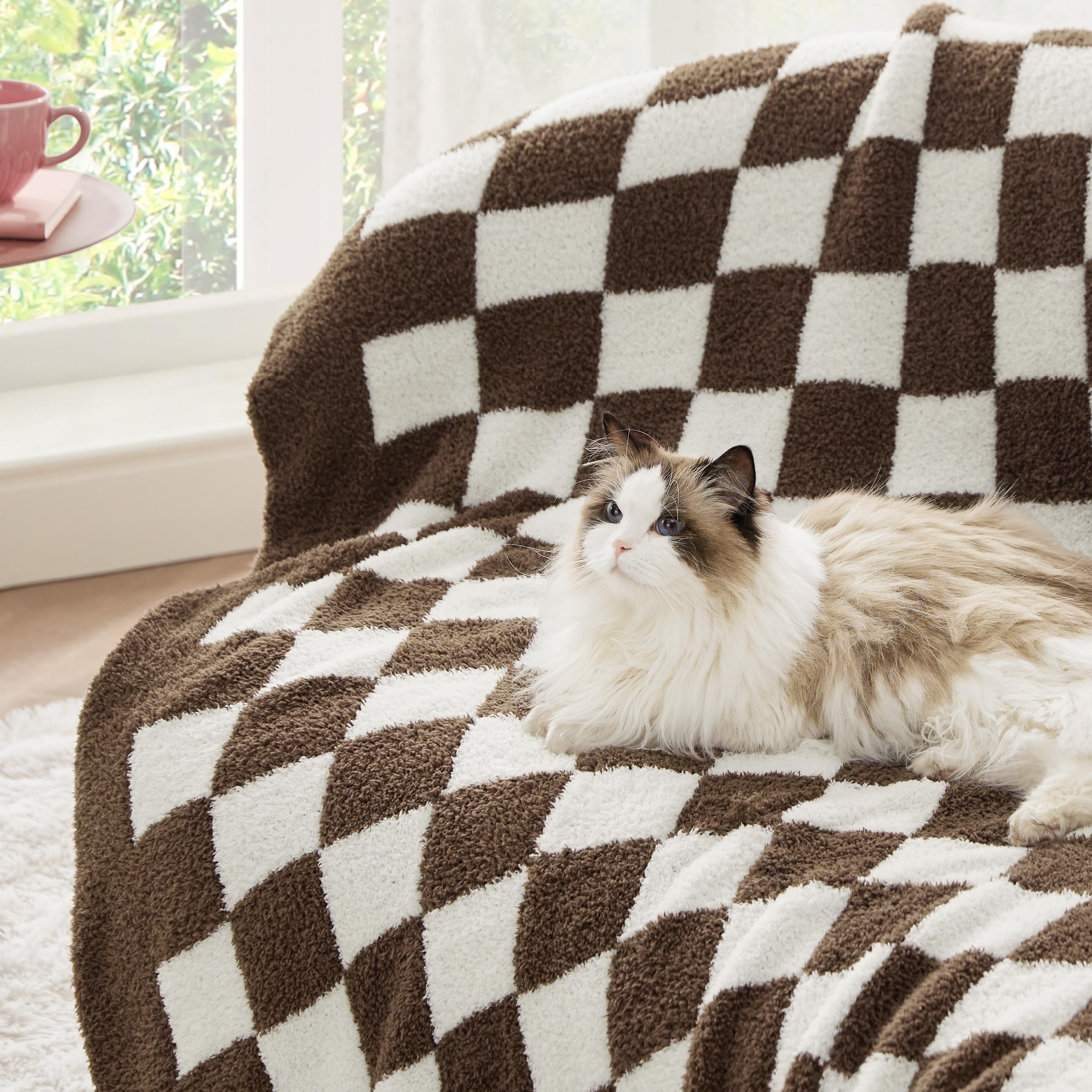 Bedsure Fall Checkered Throw Blanket for Couch - Gentlesoft, Cozy & Warm Knit Checkered Blanket, Breathable, Lightweight & Fluffy for Bed & Sofa, Gentlesoft, Brown, 60x80 Inches Image