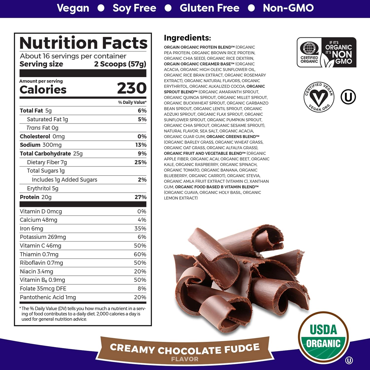 Orgain Organic Plant Based Meal Replacement Powder, Creamy Chocolate Fudge - 20g Protein, Vegan, Dairy Free, Gluten Free, Lactose Free, Kosher, Non-GMO, 2.01 Pound (Packaging May Vary) : Grocery & Gourmet Food