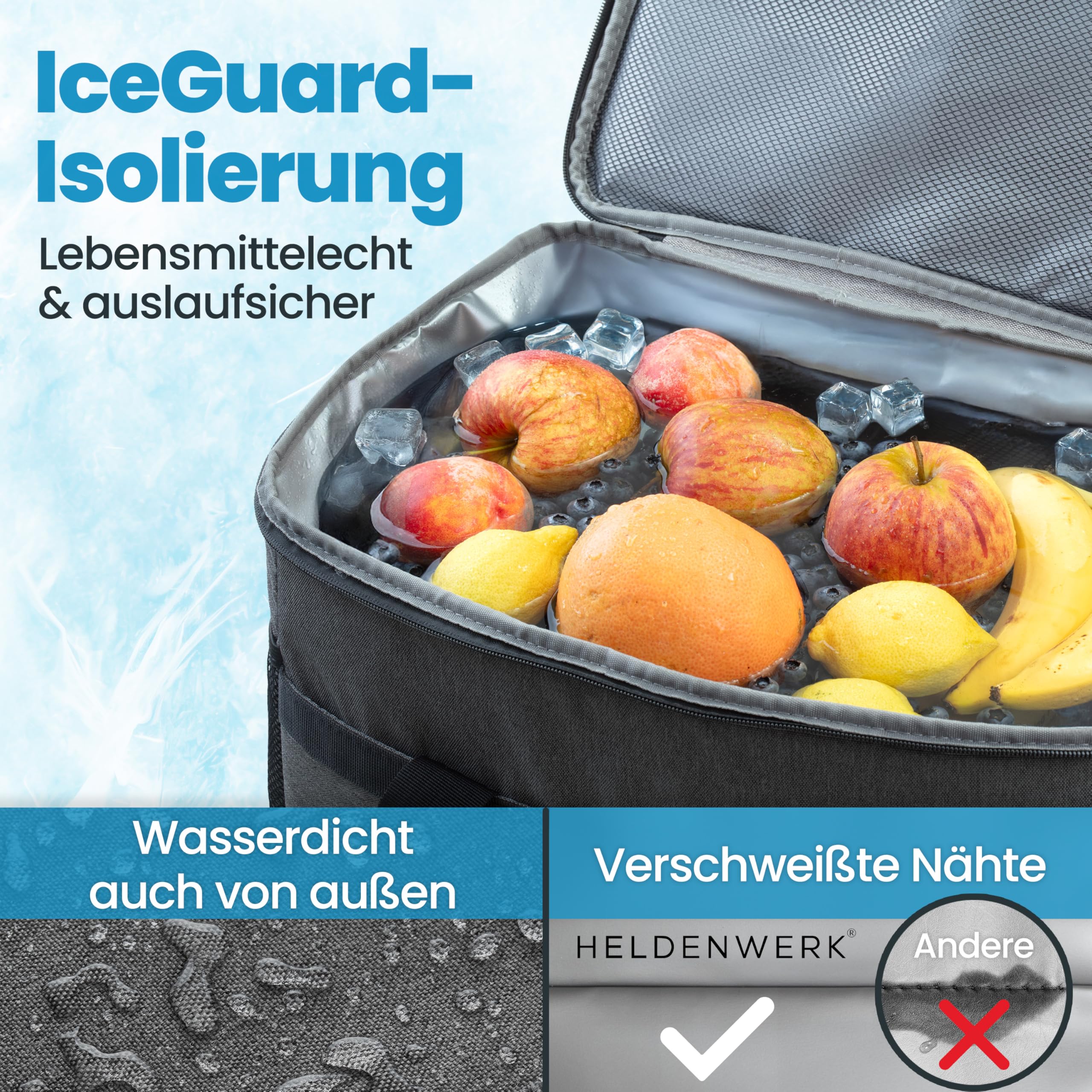 HELDENWERK Kühltasche groß 33L faltbar – Kühlbox bis zu 12h Kühlleistung auslaufsicher & wasserdicht – Thermotasche, Picknicktasche, Lunchtasche, Isoliertasche mit 7 Fächern – verstärkter Boden 3