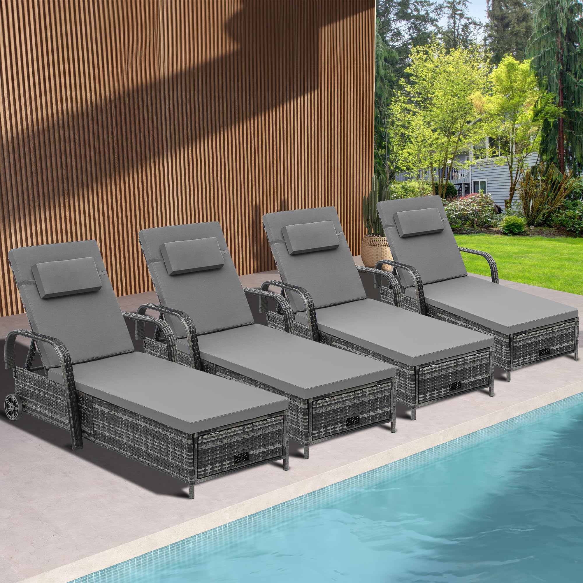 Photo 1 of ****PARTIAL SET ONLY 1***** YITAHOME Outdoor Wicker Chaise Lounge Chair Set of 4 w/Storage, Rattan Patio Pool Lounger with Adjustable Backrest, Arm, Cushion, Pillow and Wheel for Poolside Backyard Porch Garden Beach