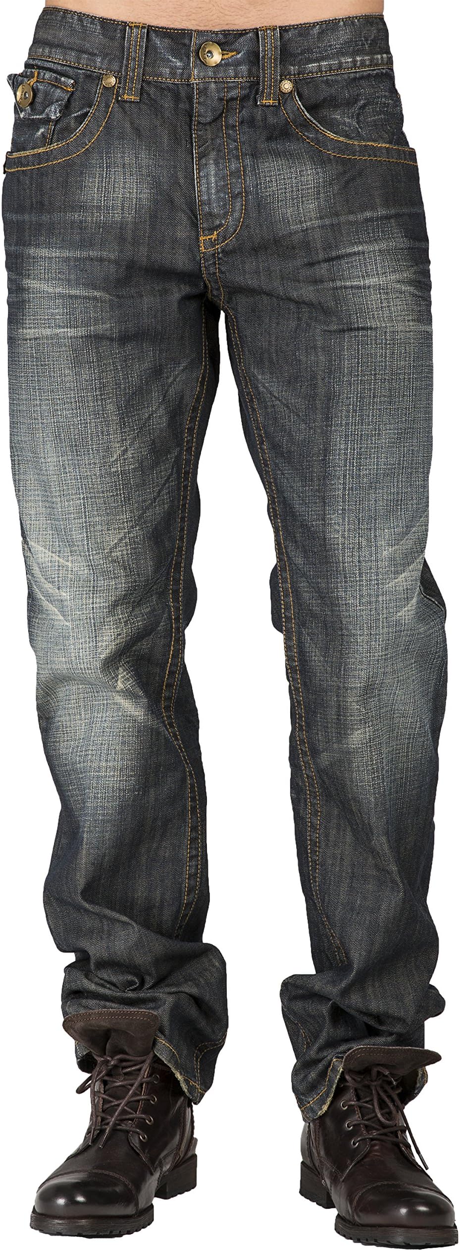 Level 7 Men's Relaxed Straight Leg Premium Denim Jeans Dark Vintage Hand Sanding