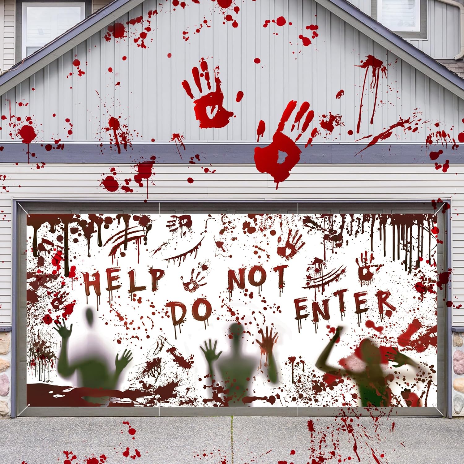 Garage Door Decorations - Halloween Garage Door Banner With Grommets, Bloody Backdrop, Footprints, Handprints, Ghost - Perfect for Halloween & Birthday Parties,Horror Style 6x13ft