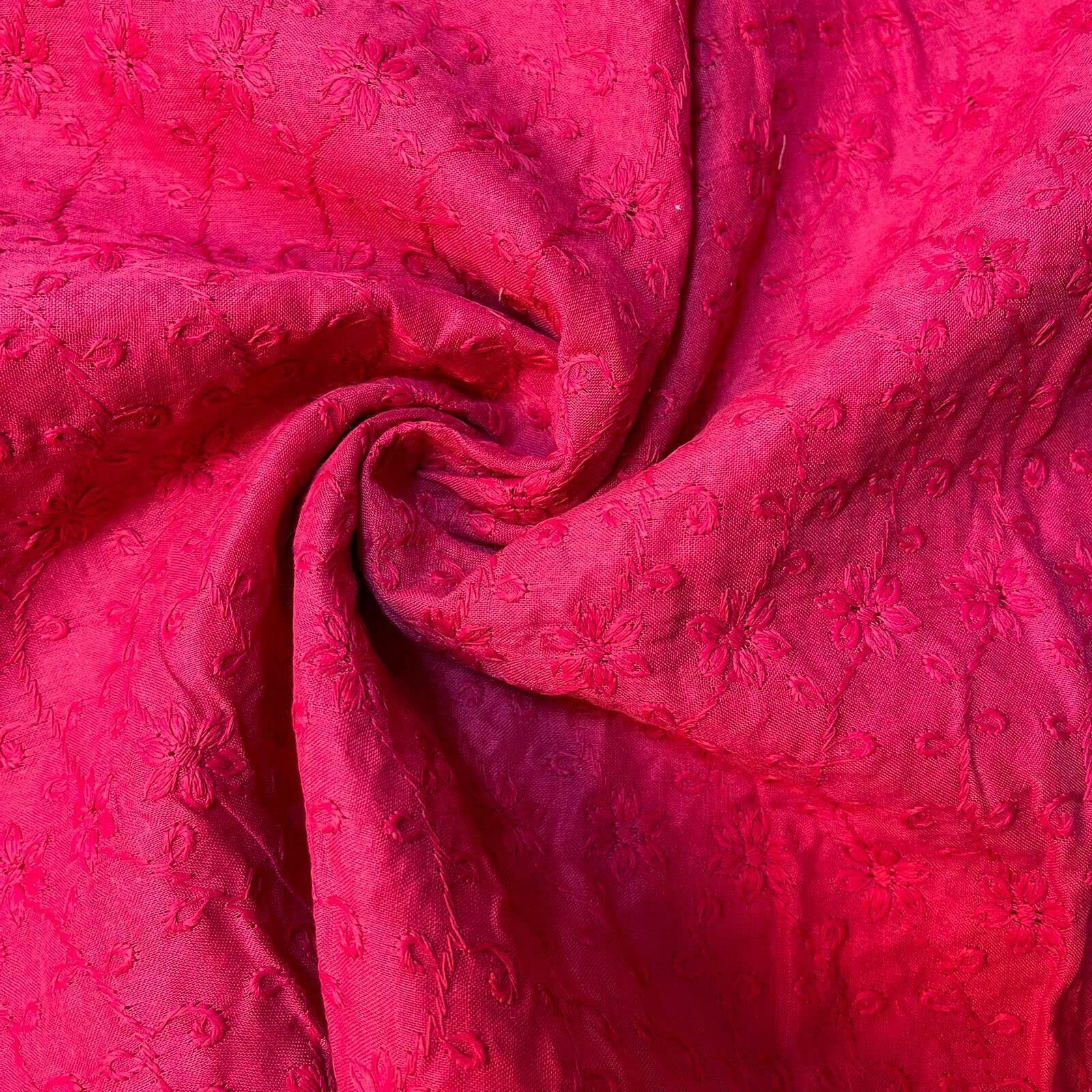 Indian 100% Cotton Lawn All Over Border Broderie Anglaise Embroidered Dress Craft Fabric Material 44" - 112 cm Wide Sold As Pre - Cut Lengths (5 Meter, Hot Pink)