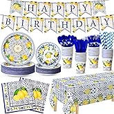 Potchen 194 Pcs Capri Lemon Birthday Party Supplies Disposable Tableware Set Capri Lemon Banner Paper Plates Napkins Cups Cutlery Tablecloth for Bridal Shower Party Decor, Serves 24 Guests