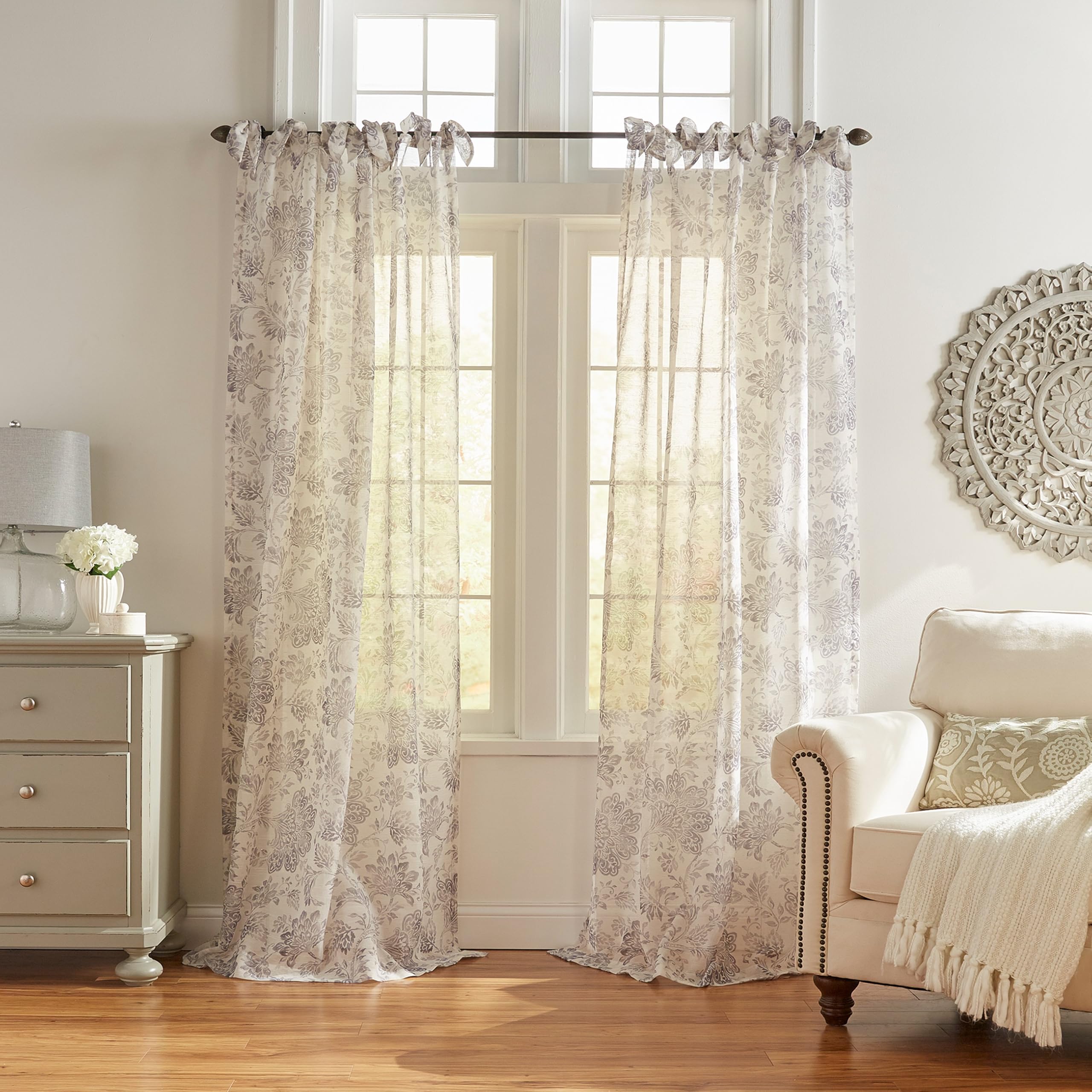Elrene Home Fashions Westport Floral Cottagecore Tie-Top Sheer Window Curtain, 52" x 95" (1 Panel), Gray