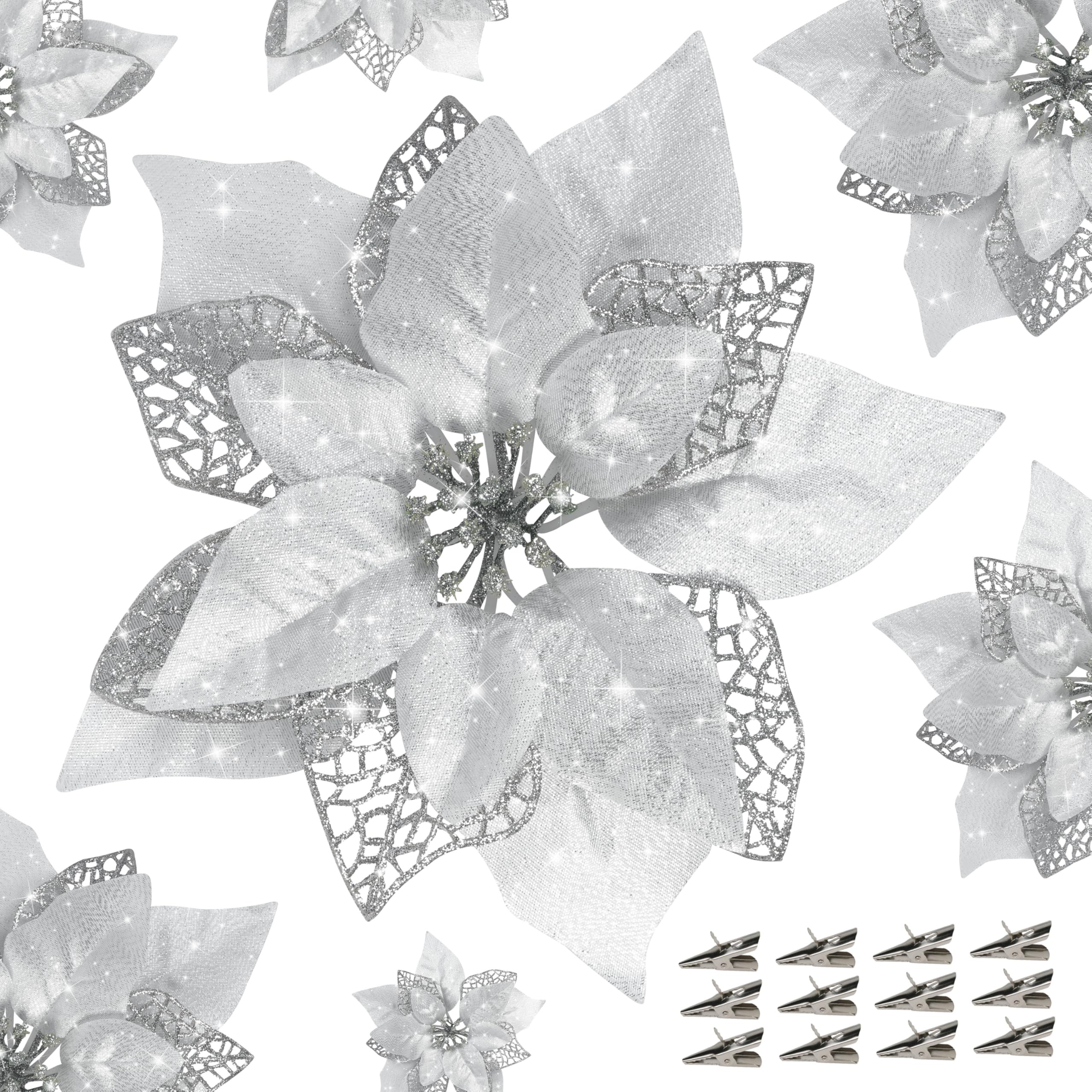View 1 of 12 PCS Poinsettia Flower Artificial Poinsettia Christmas Decoration 8.7'' Silver Glitter Poinsettias Christmas Ornaments Christmas Tree Flower Decor with Clips DIY Xmas Wreath Holiday Home Party Decor
