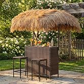 Rotihom Outdoor Tiki Bar Set with Widen Hula Thatched Shade(48" L), 3-Piece Wicker Outside Tiki Bars with 2 Stools, Hawaiian Style Beach Outside Bars for Patio, Garden, Poolside, Backyard (Brown)