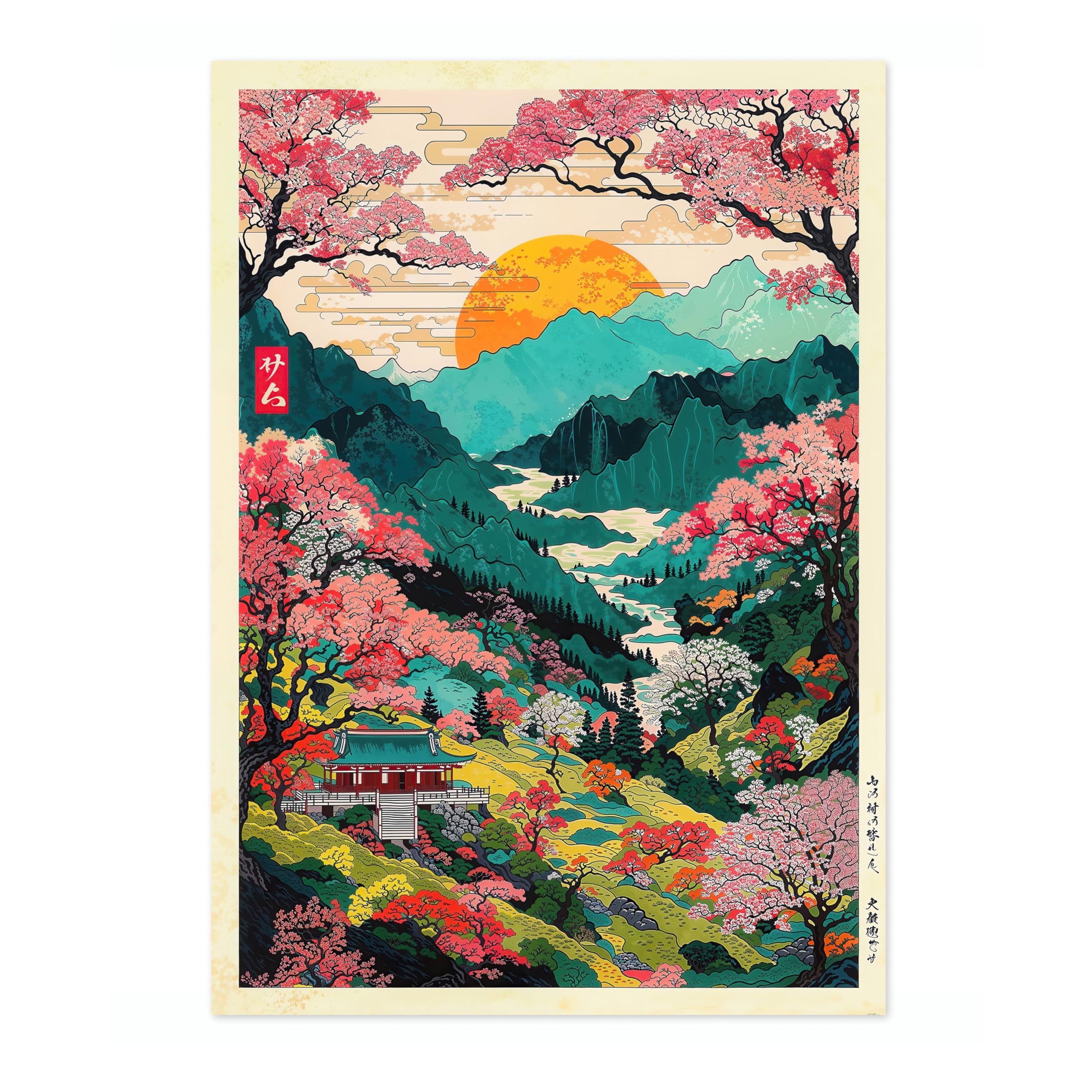 Mount Yoshino Valley Anime Woodblock Poster Modern Ukiyo-E, Japanese Cartoon Illustration Print, Archival Matte, A4 (Print Only) - 29.7x21cm