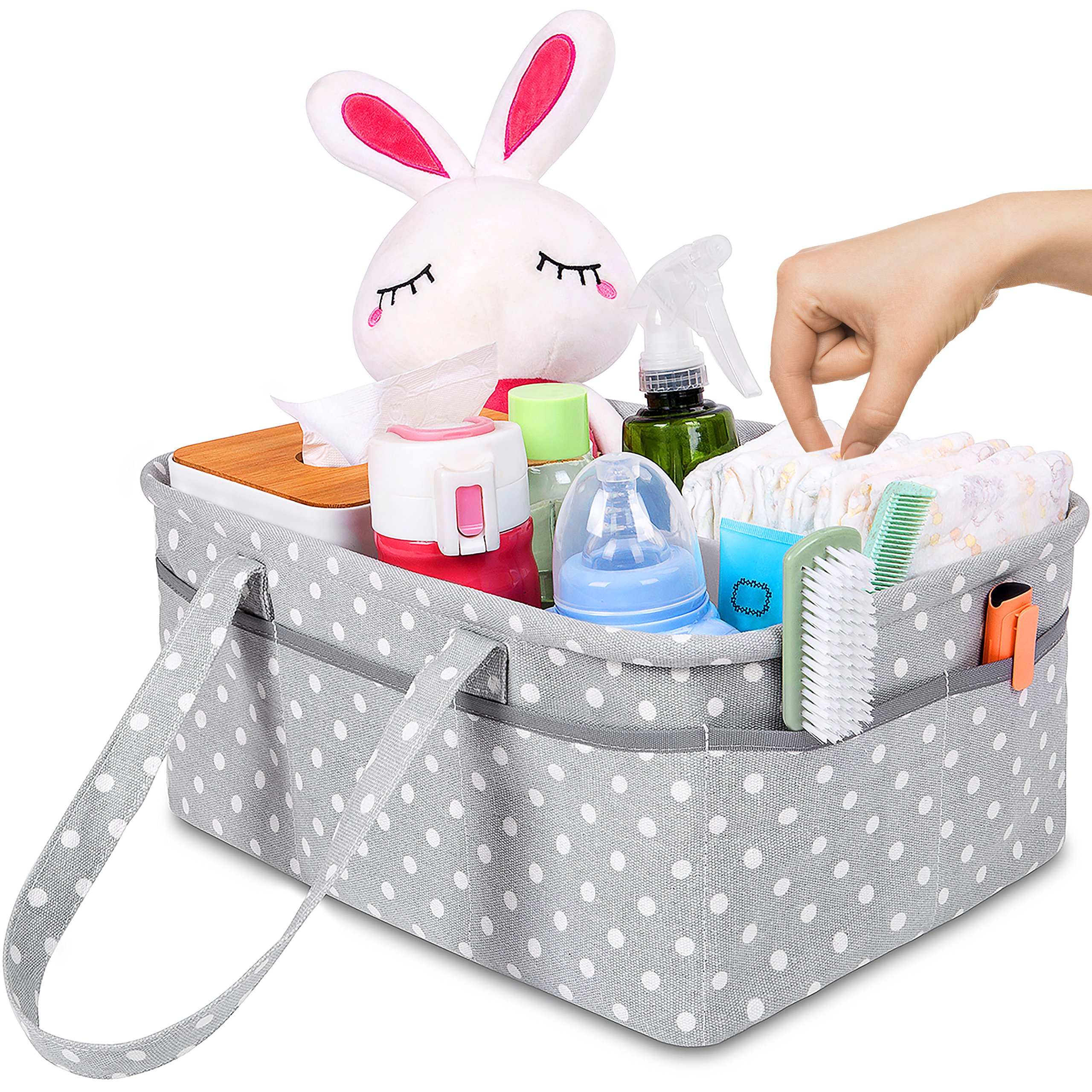 Baby Diaper Caddy Organizer Changing Table Nursery Basket | Premium Cotton Canvas Large Storage Bin | Sweet Carling\'s Portable Tote Bag For Diapers and More | Shower Registry For Boys and Girls