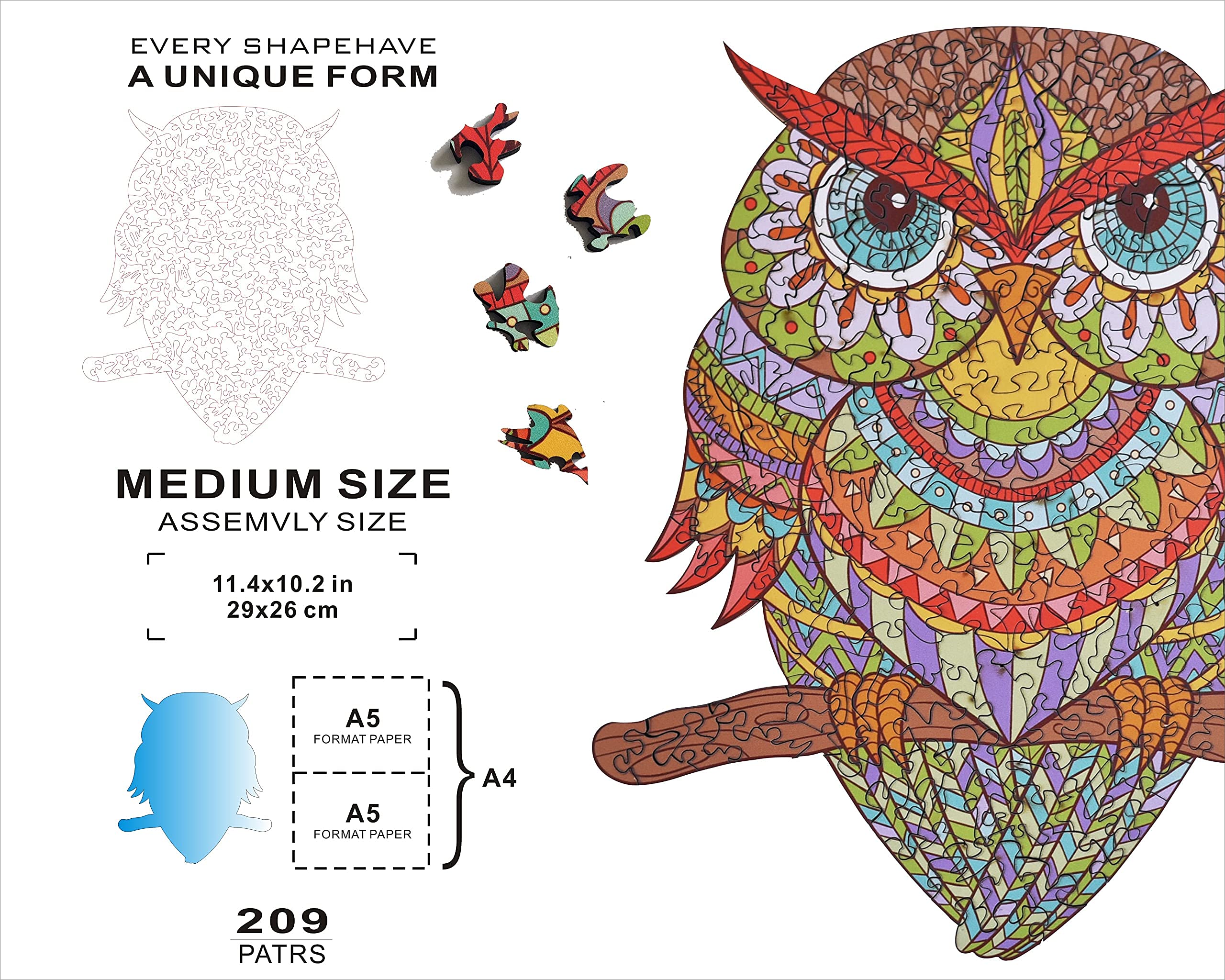 HARTMAZE Wooden Jigsaw Puzzles Colorful Owl HM-04 Small Bird Puzzle 206 Unique Shape Jigsaw Pieces-Beautiful Animal for Adults and 8 Years Age up Teens- Best for Family Game Play Collection.